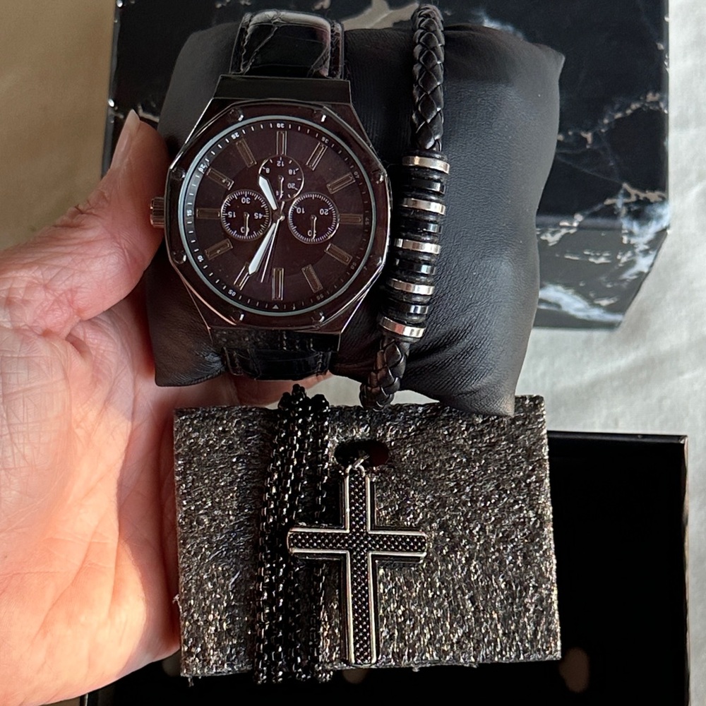 Black and Silver Watch with Bracelet Set & Cross Necklace- Mens New